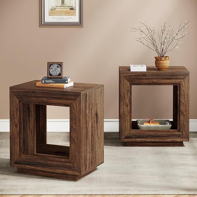 Tribesigns Rustic Wood End Table, 2 Tiered Square Side Table with Storage Shelf, Industrial Sofa Side Table for Living Room, Entrance (2, Brown)