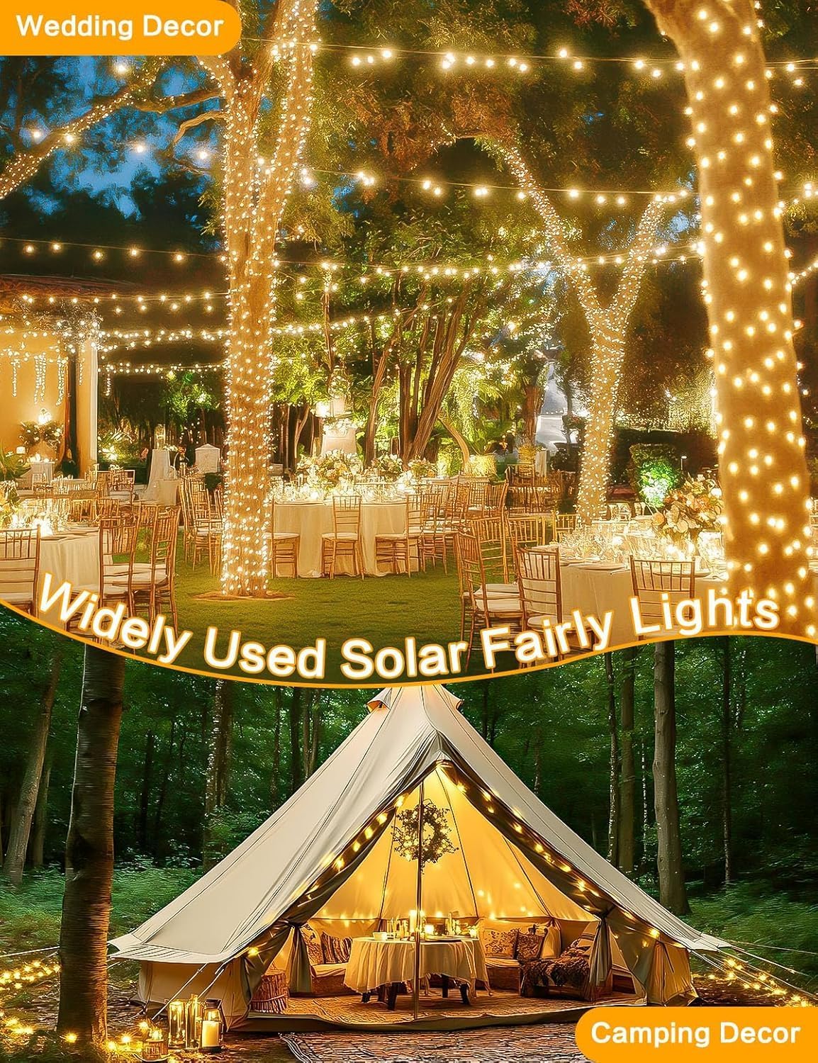 Solar String Lights Outdoor, 2 Pack 144FT 400 LED Solar Christmas Twinkle Lights Outside Waterproof Copper Wire with 8 Modes Solar Fairy Lights for Garden Tree Birthday Christmas Decor(Warm White)