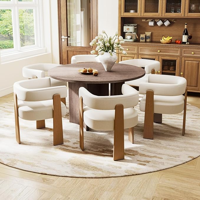 Upholstered White Velvet Dining Chairs Set of 6, Boho Modern Barrel Accent Armchairs, Thick Padded Seat & Natural Wooden Legs, Mid Century Inspired Kitchen/Dining Room Chairs, Creamy White