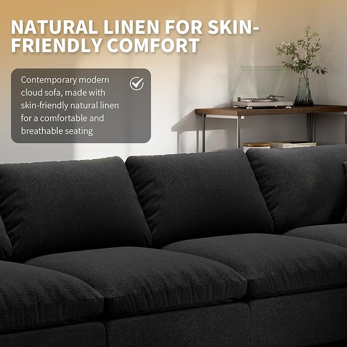 Modern Sectional Linen Couch for Living Room V-Shape Sofas,4 Seat Modular Cloud Sofas,Couches Cushion Covers Removable,Cozy Feather Down Sofa for Apartment Black