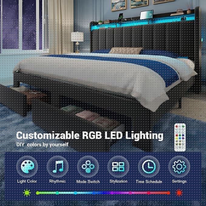 Allewie Velvet Vertical Tufted King Size Upholstered Platform Bed Frame with 2-Tier LED Storage Headboard & 2 Storage Drawers, USB & Type-C Charging Ports, Noise-Free/No Box Spring Needed, Black