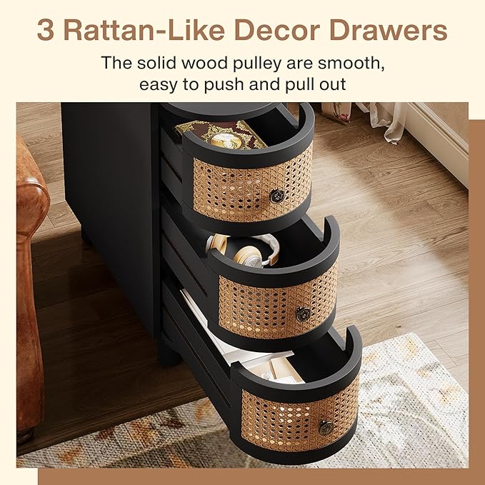 Tribesigns 3-Drawer Rattan End Table, Sofa Side Table with Vintage Embossed Handles, Slim Nightstand for Living Room, Bedroom, Finished Back, No Assembly (Black & Oak, 2PCS)