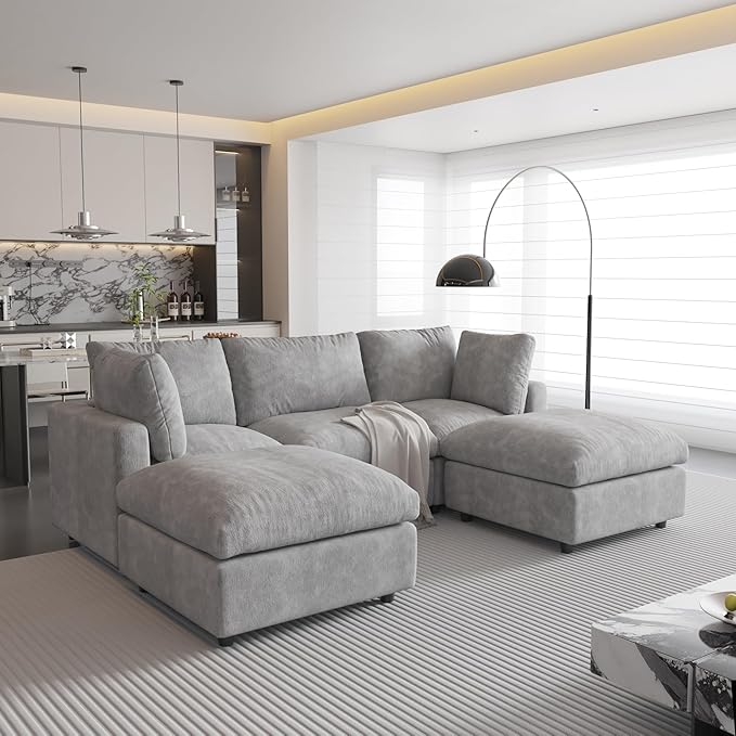 WJShome 100 Inch U Shaped Modern Sofa Modular Sectional Cloud Couch with 2 Ottoman, 4-Seat Chenille Deep Seat Couches for Living Room, Bedroom and Apartment，Gray