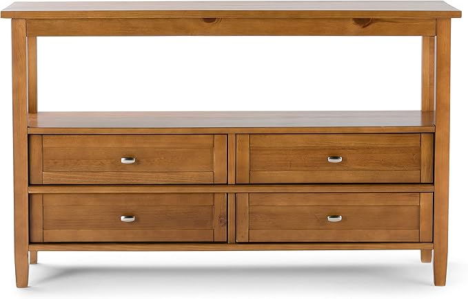 SIMPLIHOME Warm Shaker Console Table - 48 Inch Wide Solid Wood Sofa Table in Light Golden Brown, Transitional Storage for Living Room with 4 Drawers, Open Shelf, and Brushed Nickel Knobs