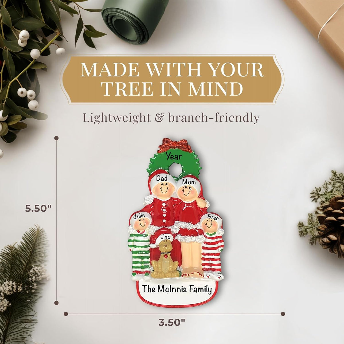 Personalized Family of 4 with Dog Ornament 2025 | Free 24h Customization | Christmas Ornaments for Tree | Custom Gift Wrapped Pet Keepsake for Dog-Lovers