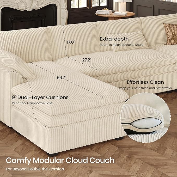 Belffin Large Modular Sectional Sofa with Deep Chaise, Corduroy U Shaped Couch with 9" Soft Dual-Layer 7 Seats Cushion for Living Room, Apartment, Beige