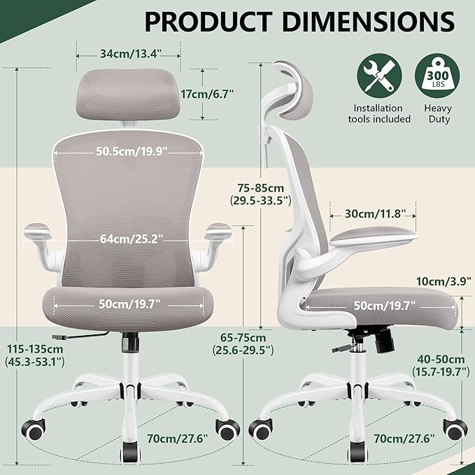 FelixKing Ergonomic Office Chair, Headrest Desk Chair with Adjustable Lumbar Support, Home Office Swivel Task Chair with High Back and Armrest, Adjustable Height Gaming Chair (Gray)