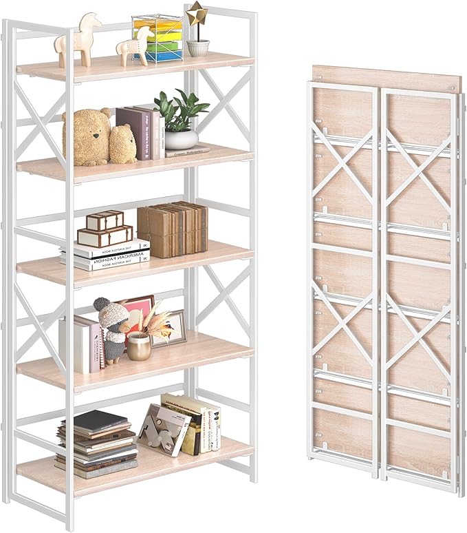 4NM 5 Tiers No Assembly Book Shelves, 51.2" H Folding Bookshelf Bookcase Open Industrial Foldable Shelves for Bedroom, Living Room, Home Office - Natural White