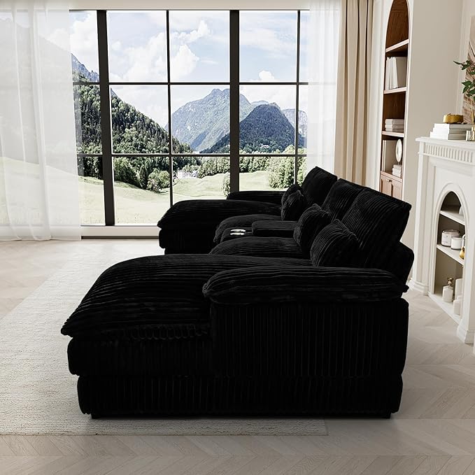 HYJT-H&K 124" U Shaped Cloud Couch Sectional, Comfy Fluffy Plush Corduroy Dark Black Sectional Couches for Living Room, Modern Modular Corduroy Couch Sectionals with Central Console & Double Chaise