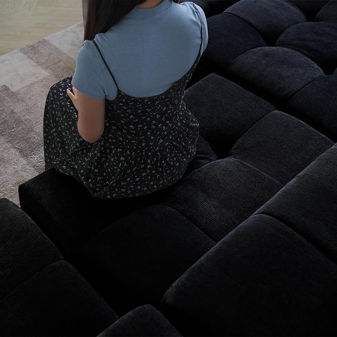 WJShome Modular Sectional Sofa,140inch Cloud Couch Deep Seat Sectional Couches for Living Room,Modern Linen Upholstered Loveseat Couch with Pillow for Home,Black