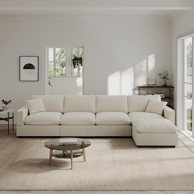 Modern Sectional Linen Couch for Living Room L-Shape Sofas,5 Seat Modular Cloud Sofas,Couches Cushion Covers Removable,Cozy Feather Down Sofa for Apartment Beige
