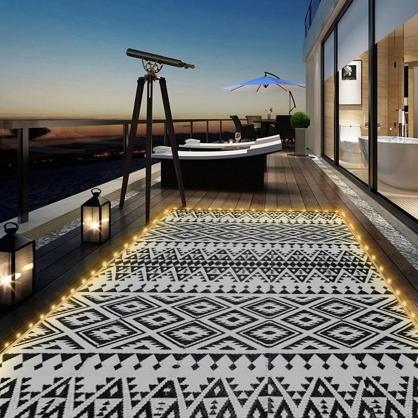 6x9ft Waterproof Outdoor Rug with LED Lights, Bohemia Reversible Plastic Straw Mat for Patio RV Camping Picnic Balcony Beach Deck Indoor Outdoor Carpet, Black&White