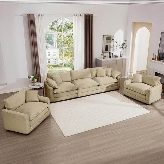mikibama Luxury 3 Piece Sofa Set, 3-Seater & 2 Single Sofa Set, Modern Corduroy Comfy Cloud Couches Set for Living Room Office with 2 Armrest Pillows and 5 Toss Pillows, Camel