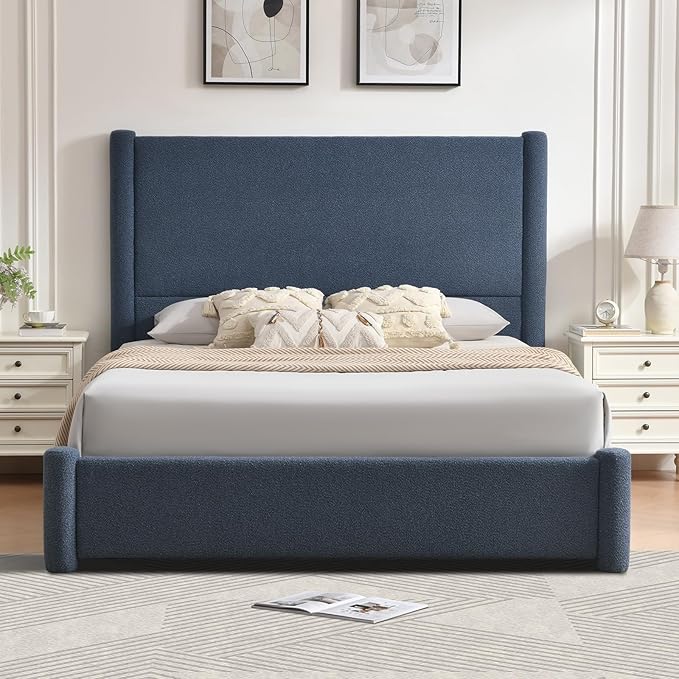 VELOCAVA King Size Upholstered Bed Frame with 51.77" Tall Headboard and Soft Rounded Corners, 2 Storage Drawers, 12-Slat Support, No Box Spring Needed, Linen-Blend Fabric, Dusty Blue