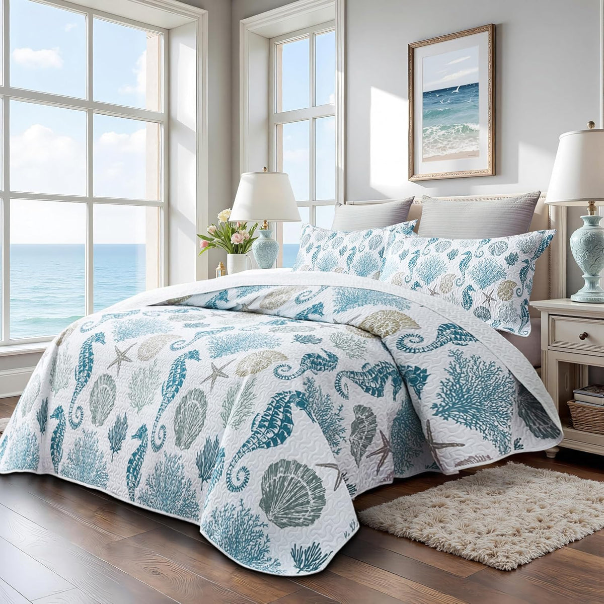 Coastal Bedding Twin Size Coastal Quilt with Shams, Nautical Beach Comforter Sets Ocean Bedspreads Blue Seahorse Coverlet Summer Bedding, 68''x86''