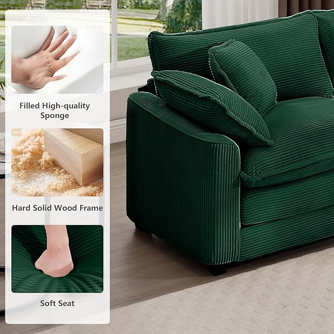 mikibama Luxury 2 Piece Sofa Set, 2 Pieces of Loveseat Couch, Modern Corduroy Comfy Cloud Couches Set for Living Room Office with 4 Armrest Pillows and 4 Toss Pillows, Green