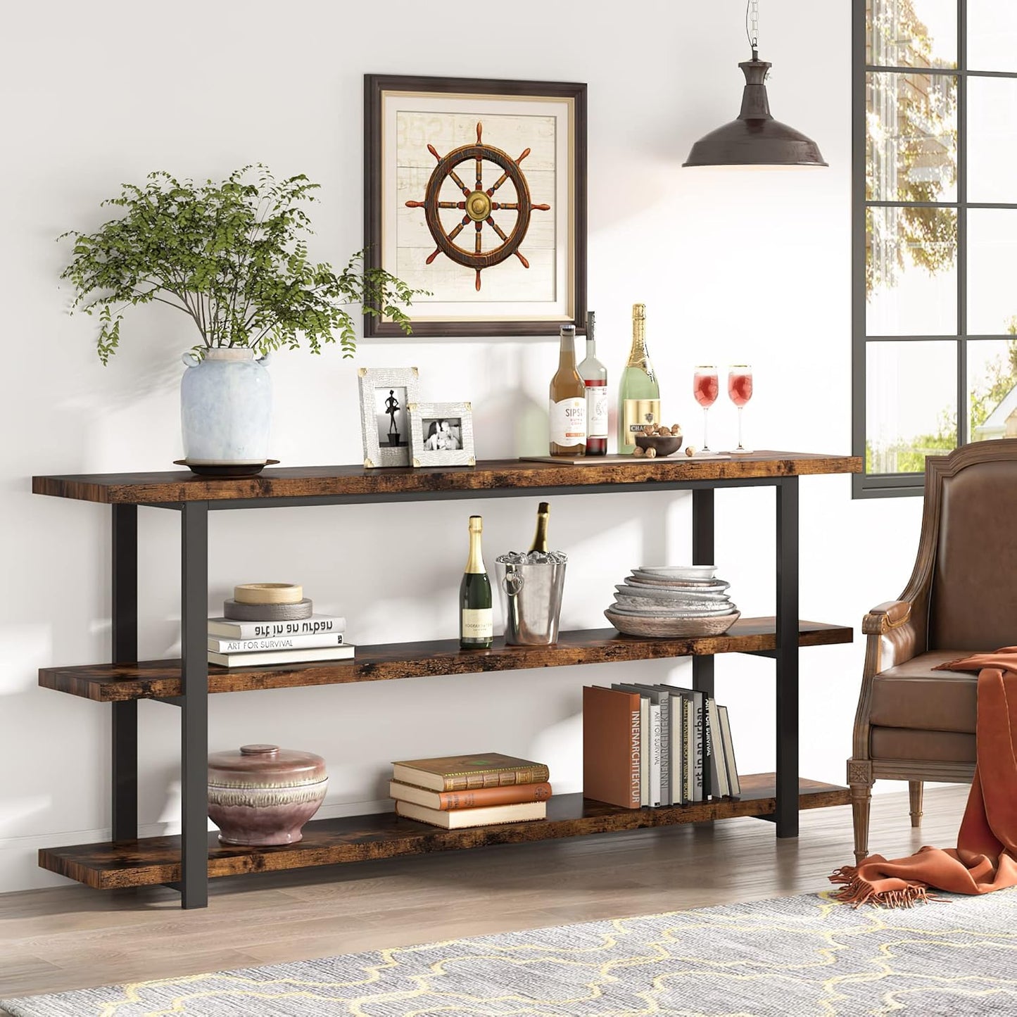 70.8 Inch Extra Long Console Table for Entryway, Narrow Hallway Table, Wood Sofa Table with 3 Tier Storage Shelves for Living Room