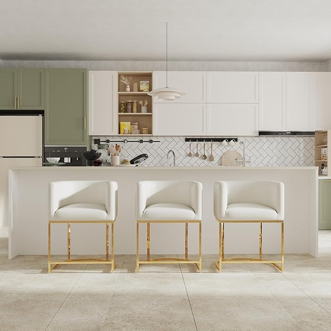 PU Leather Bar Stools Set of 2, Modern Upholstered Counter Height Bar stools 24" Leather Barstools Barrel Kitchen Counter Island Stools with Golden Metal Base, White