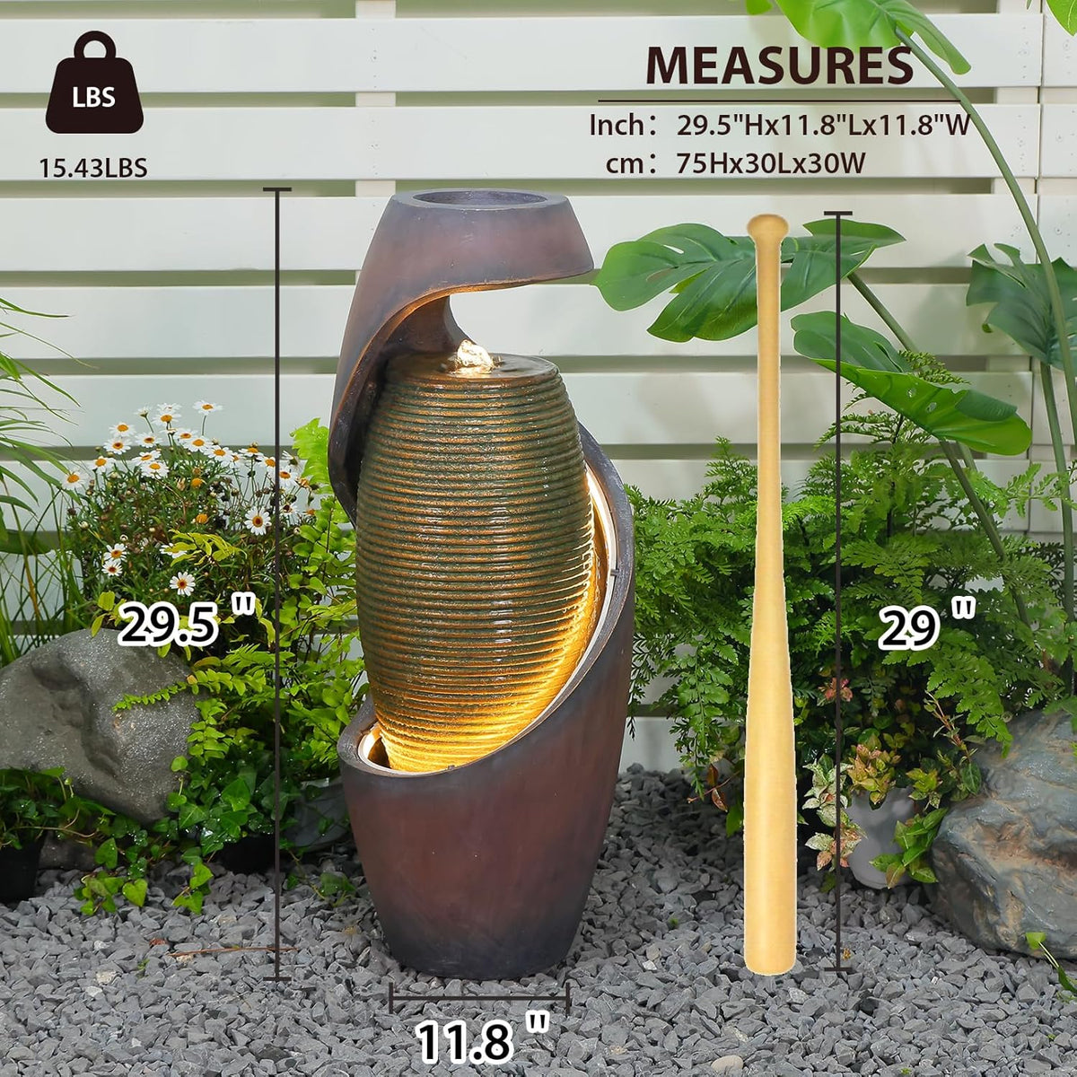 29.5’’H Modern Outdoor Fountain - Curved Spiral Waterfall Indoor/Outdoor with LED Light & Planter Bowl, Resin Garden Fountains for Patio, Yard, Backyard, Porch, Home Art Decor, 11.8" L x 11.8" W