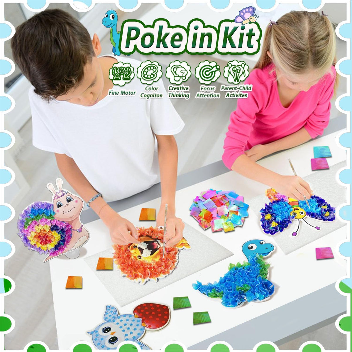 mom&myaboys Poke A Dot Art Kit - Animals Theme with Snail, Lion, Owl, Squirrel, Butterfly | No-Mess Sewing Craft for Kids Ages 4-8 | Creative Toys for Girls & Boys | Fun Gift for Birthday, Christmas