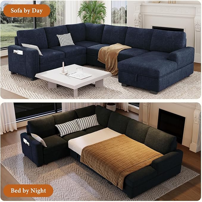 Vesgantti 113.6" Pull Out Sofa Bed with Chaise, 7 Seater U Shaped Sleeper Sofa with Storage Chaise, Comfy Chenille Modular Sectional Couch for Living Room, Bedroom, Apartment, Blue