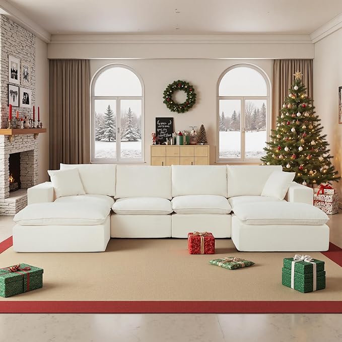 108" Sectional Couches for Living Room Boneless Couch Upholstered Cloud Couch Sectional Modular Sectional Sofa with L Shaped (Chenille-White, 4 Seat+2 Ottoman)
