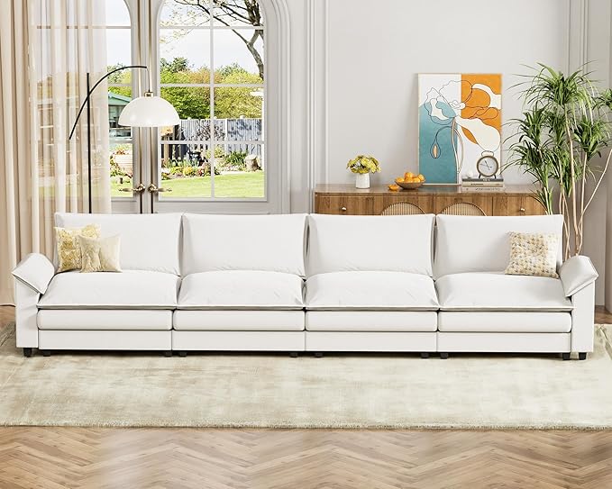Homall 159" Modular Sectional Sofa, Linear Sofa Couch with Double-Layer Cushion, DIY Combination Chenille Deep 4-Seat Cloud Couch for Living Room, Apartment (White, Linear Sofa)