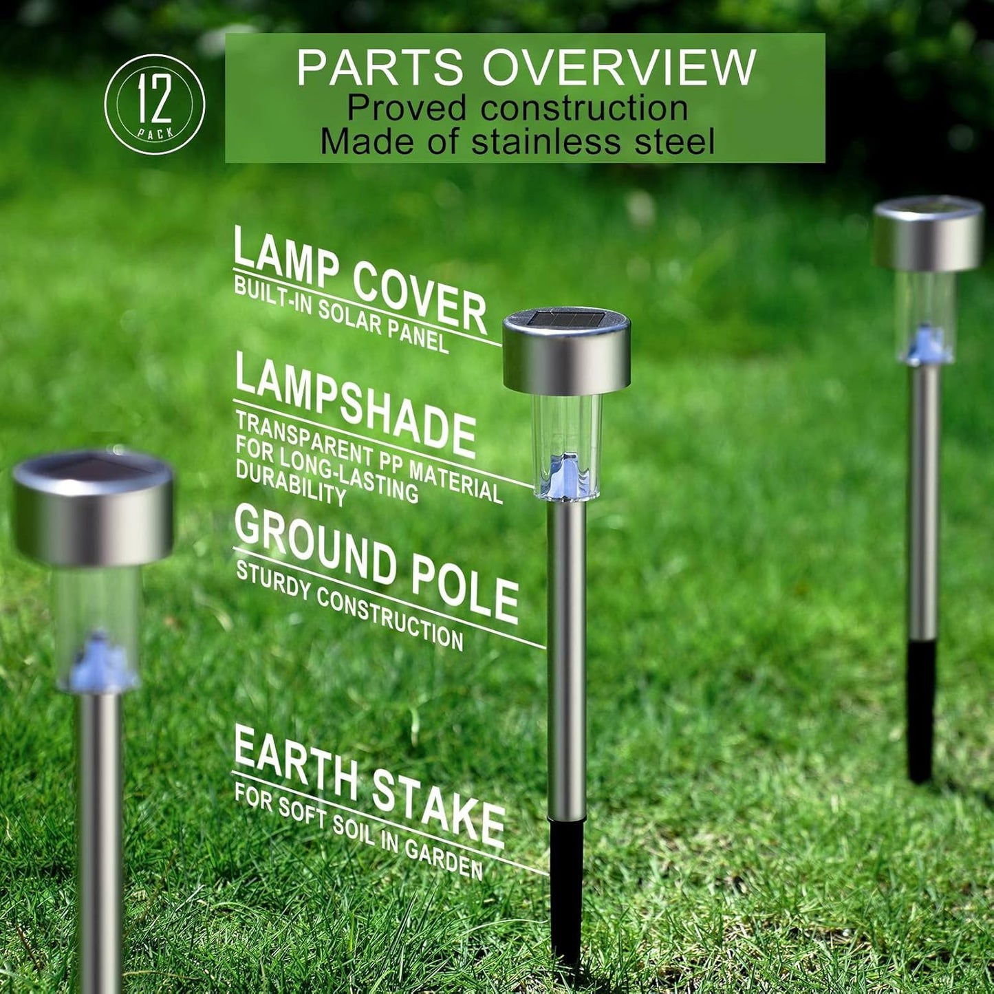 Solar Lights Outdoor Waterproof, Stainless Steel LED Landscape Lighting, Solar Garden Lights Solar Powered, Outdoor Solar Lights for Yard, Pathway, Walkway, Patio , Lawn - 12 Pack ( Cold White )