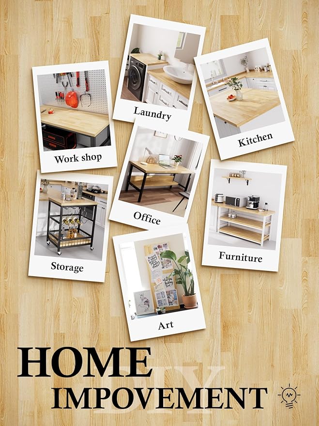 6FT Butcher Block Countertop Birch Solid Wood - 72" x 25" Table Top Butcher Block Cutting Board for Kitchen Island Living Dining Table Office Desk Workbench Washer Dryer Countertop Unfinished 1.5" Th