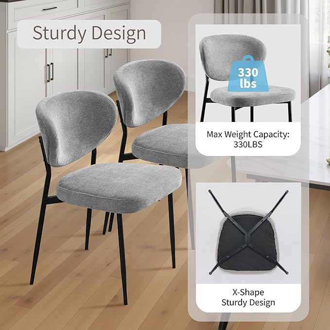 Dining Chairs Set of 2 Chenille Upholstered Dining Room Chairs with Crescent-Shaped Backrest Modern Ergonomic Accent Kitchen Chairs with Swivel Leveling Feet for Bedroom/Vanity Grey