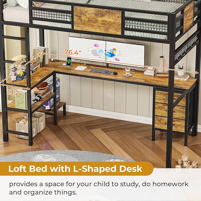 ADORNEVE Loft Bed Twin Size with L-Shaped Desk, LED Lights,Charging Station, Twin Metal Loft Bed Frame with Fabric Drawers & Shelve, 13.4" H Safety Guardrail, No Box Spring Needed, Rustic Brown