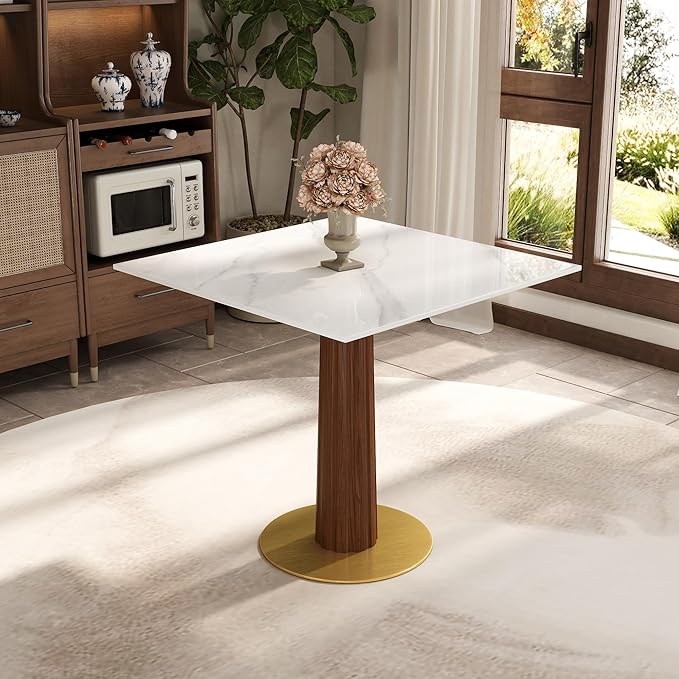 Sintered Stone Square Office Table - Meeting Desk for Small Offices (Dark Brown Leg and White Top, 1 Table Only)