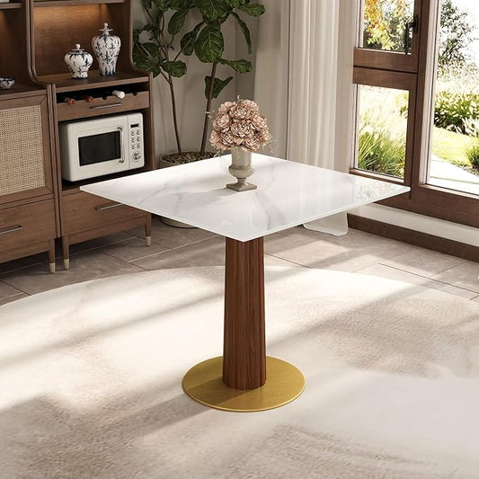 Sintered Stone Square Office Table - Meeting Desk for Small Offices (Dark Brown Leg and White Top, 1 Table Only)