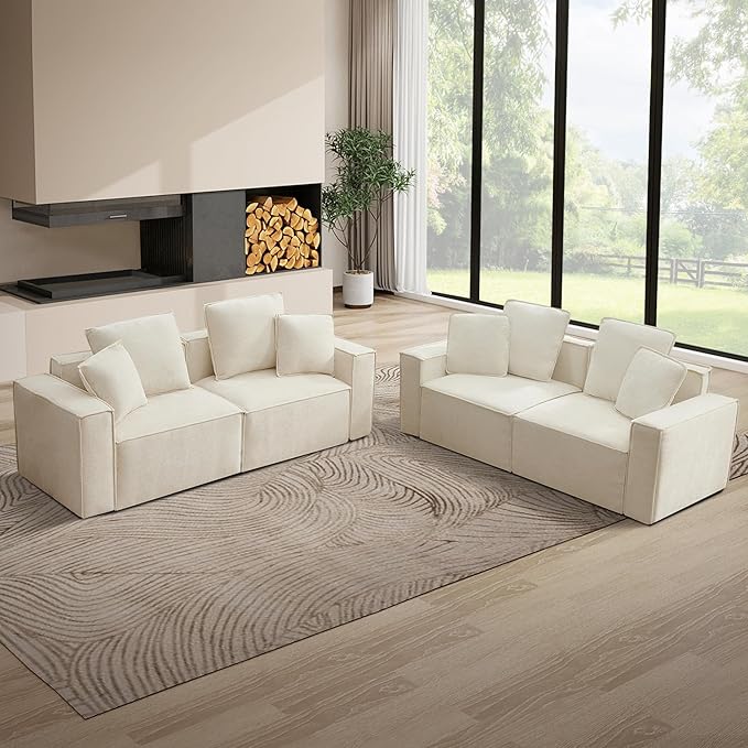 WILLOVE Modular Sectional Sofa Set, Chenille Cloud Couch with Wide Armrests & 8 Pillows, Deep Seat Couches for Living Room, 4-Seater Beige