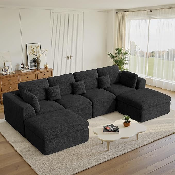 144" Cloud Sectional Couches for Living Room, Convertible U-Shape Couch with Ottoman, 6 Seater Modular Sectional Sofa,Black Chenille