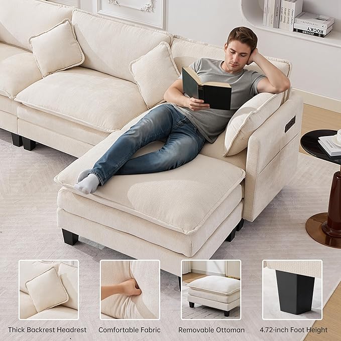 108" Modular Sectional Couches for Living Room with Ottoman, L Shaped Cloud Couch with Charger, USB & Type-c Port, Comfy 4 Seats Sofas with Deep Seat, Chenille Fabric, Beige