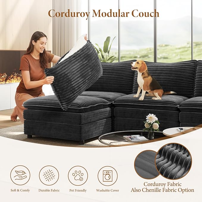 Vesgantti 101" V-Shaped Corner Couch Sectional, 7 Seat Customizable Modular Cloud Couches with Movable Ottoman, Corduroy Deep Seat Sofa Set with Chaise for Living Room, Bedroom and Apartment, Gray