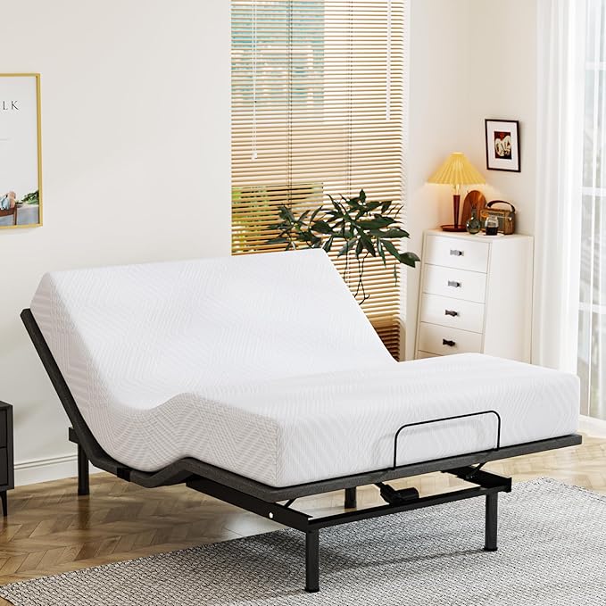 Full Adjustable Bed Base Frame with Wireless Remote + 10 Inch Full Green Tea Gel Memory Foam Mattress Bed in a Box, Head and Foot Incline, Zero Gravity, Fiberglass Free, 75" × 54"