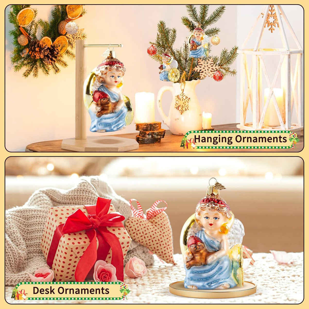 Angle Christmas Ornaments,Hand-Blown Glass Ornaments for Christmas Tree, Angle Watcher Collection Figurine Hanging Ornament,Glass Christmas Decorations for Angle Lovers Holiday Party Home Gifts