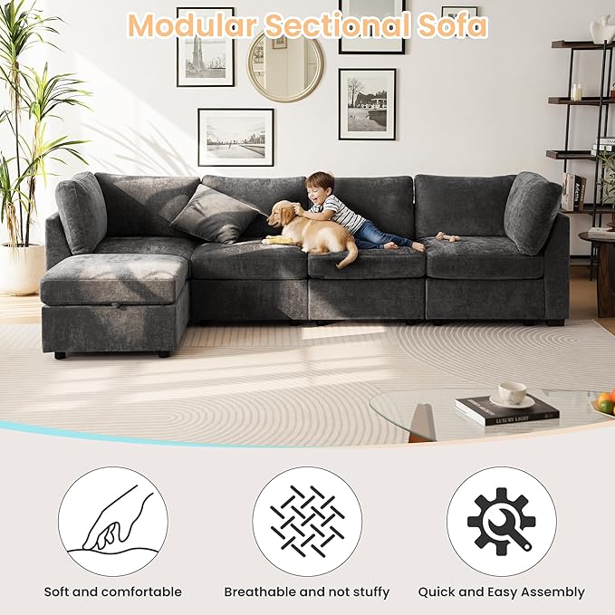 TEKAMON 123" Modular Sectional Sofa with Ottoman,Extra Large Comfy Cloud 4-Seat Deep Seat, Reversible Chaise Modular Sectional Couches for Living Room and Apartmenr,Grey