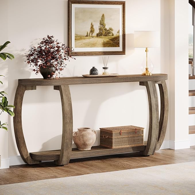 Tribesigns Farmhouse Wooden Console Table with Open Shelf, 63-Inch Long Sofa Entryway Table with Curved Legs for Living Room, Hallway, Entrance