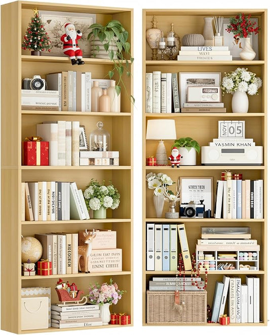 FOTOSOK 70.8" Tall Bookcase Shelf, 6 Tier Wide Bookshelf with Storage, Billy Bookcase Set of 2, Large Bookshelf for Living Room, Home Office, Natural
