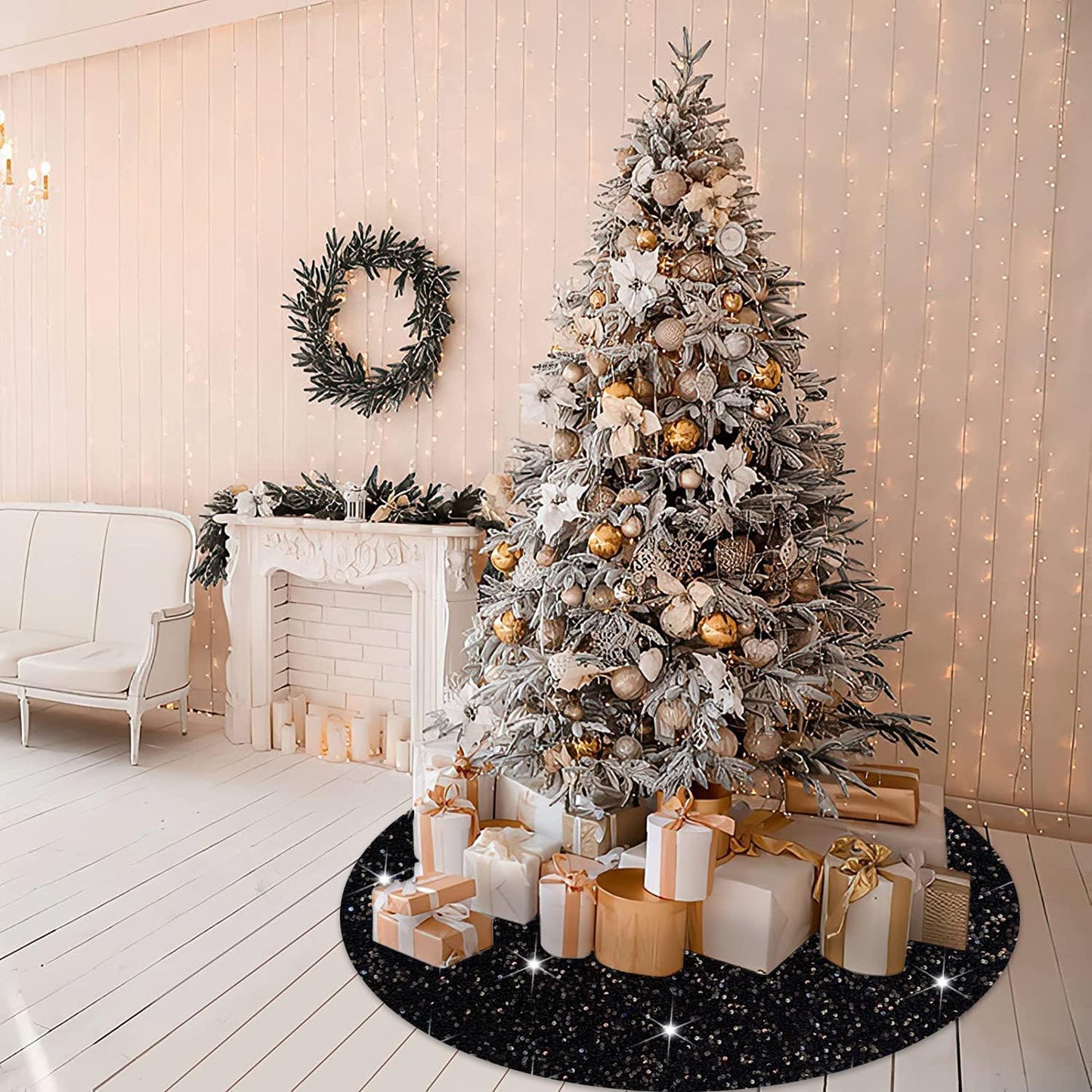 Black Tree Skirt Christmas 21 Inch Decorated Sequin Tree Skirt Velvet Xmas Tree Mat Soft Thick Tree Cover Base Sparkling Small Skirt for Artificial Trees Halloween Supply for Home Family Decorations