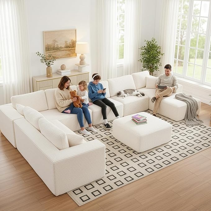 Modular Sectional Cloud Couch for Living Room,Modern Boneless Couche Set with Plush Corduroy,Comfy Floor Sofa with Memory Foam,Stupendous U Shaped Sofa with Ottoman,No Assembly Required,Beige