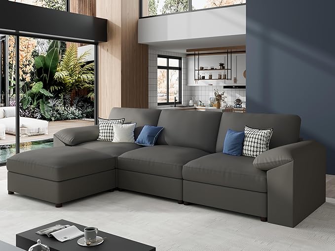 EASE MOOSE Leather Sectional Couch, Oversized Modular Sectional Sofas, Wide Deep Seat Modular Couch, Scratch Resistant Faux Leather Material, L Shaped Sofa for Big Spaces, Grey