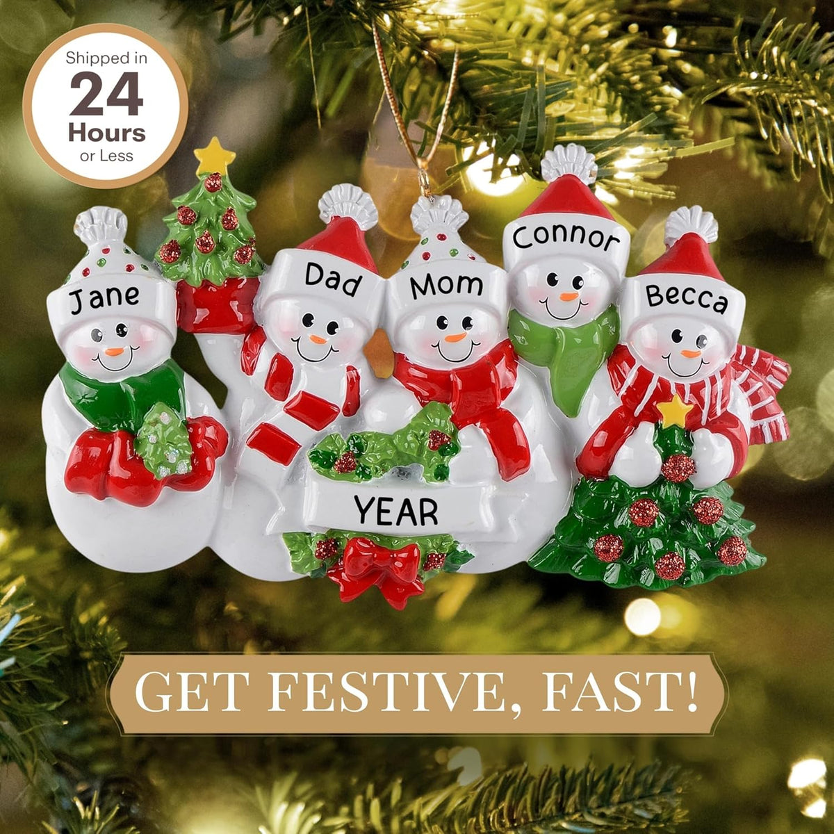 Personalized Family of 5 Ornament 2025 | Free 24h Customization | Laser Engraved Snowman Christmas Ornaments for Tree | Custom Gift Wrapped Festive Holiday Keepsake for Five Persons