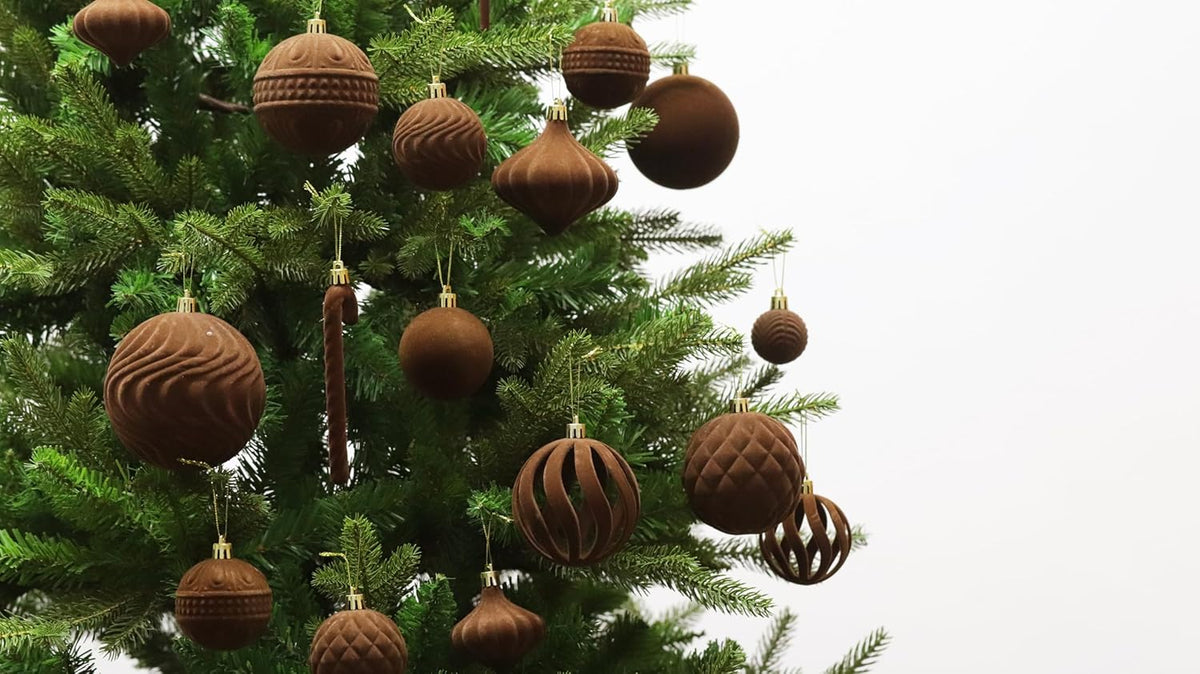 Senjie Velvet Christmas Balls Flocked Christmas Tree Ball Ornaments 63PCS Bulk Plastic Balls Xmas Decorative Hanging Ornaments Christmas Tree Decoration Brown