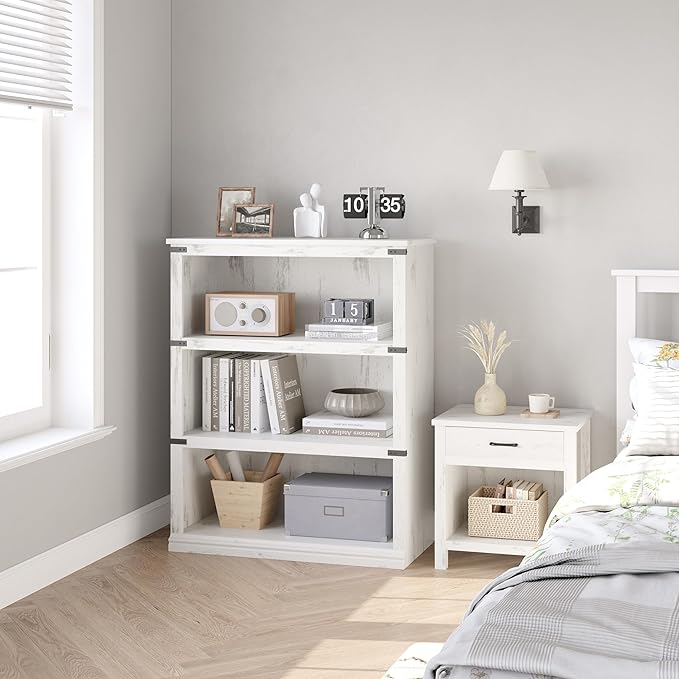 IDEALHOUSE 3 Tier Bookcase, Farmhouse Book Shelf with Storage, Low Book Case Wooden 3 Shelf Bookcase for Home Office, Living Room, Bed Room (White, 40.0" H x 31.5" W x 12.2" D)