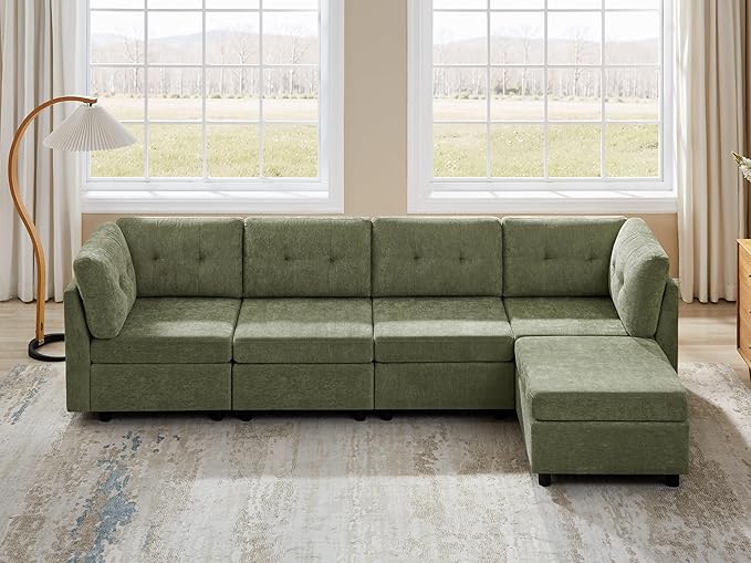 VANOMi 4 Seat Cloud Couches for Living Room with Ottoman, 118" Modular Sectional Sofas & Couches, Cozy Chenille Cloud Sectional Couch Sofa for Apartment, Office, Olive Green, L Shaped