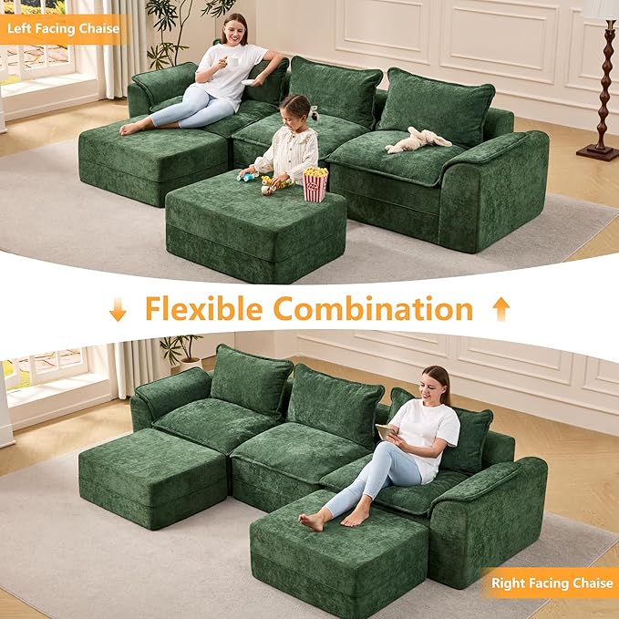 Hobestluk 120" Cloud Modular Sectional Couch 3-Seater Sofa with Ottomans U Shaped Couch Deep Seat Sofa with Removable Cover Large Sofa for Living Room (Green, 3-Seater Sofa with Two Ottomans)